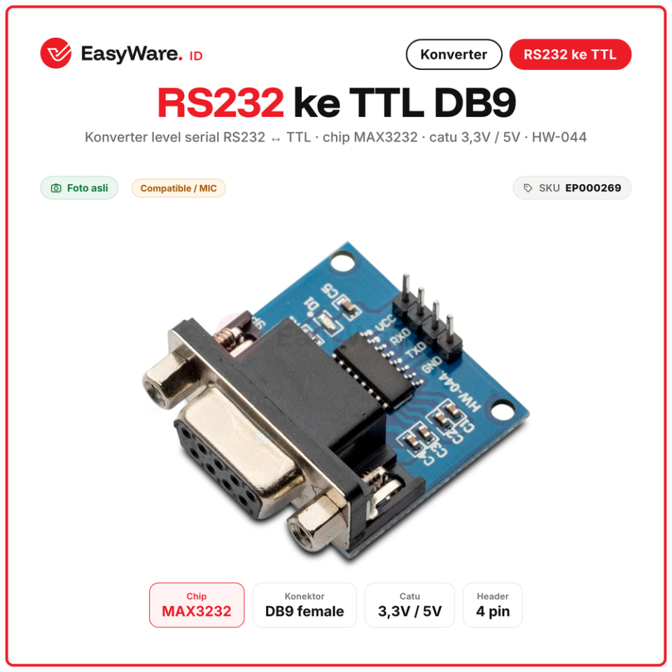 Modul RS232 ke TTL DB9 Female MAX3232 Serial Converter 3.3V 5V HW-044 untuk Arduino ESP32 PLC Port COM
