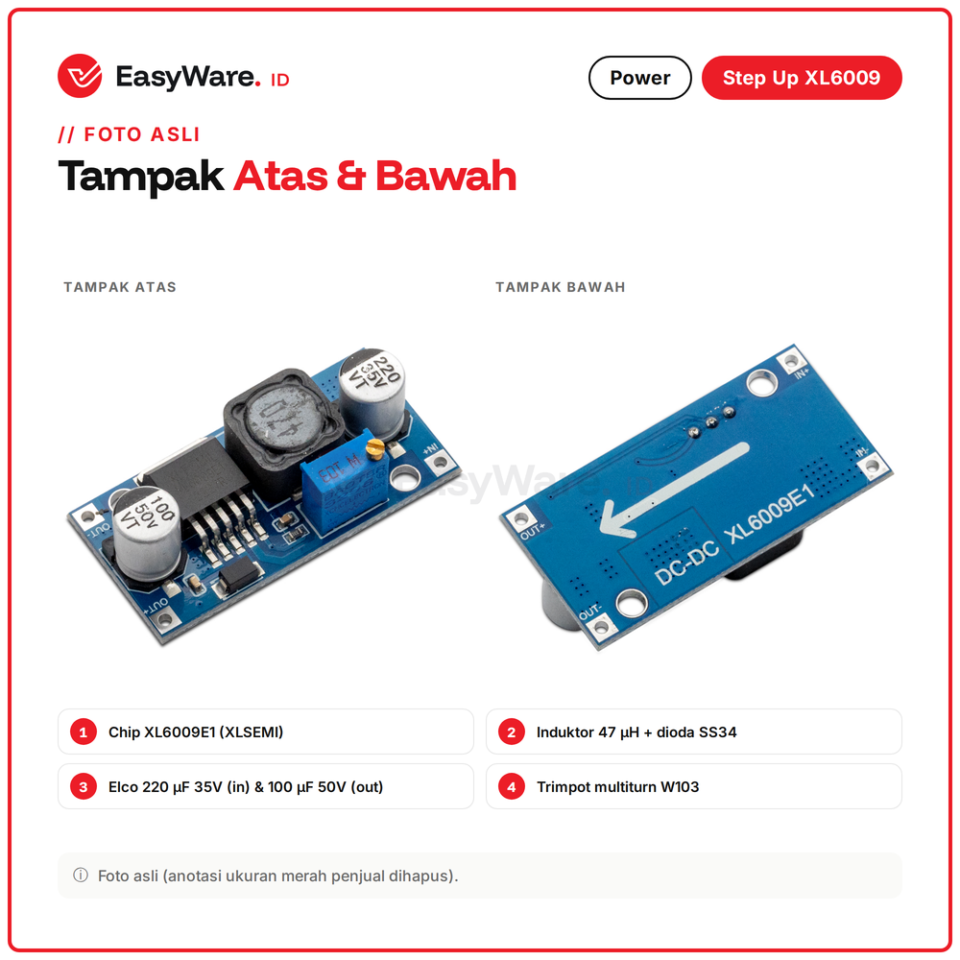 XL6009 Step Up DC-DC Boost Converter 5-32V ke 5-35V Adjustable Modul Penaik Tegangan 4A untuk Power Bank Aki Router
