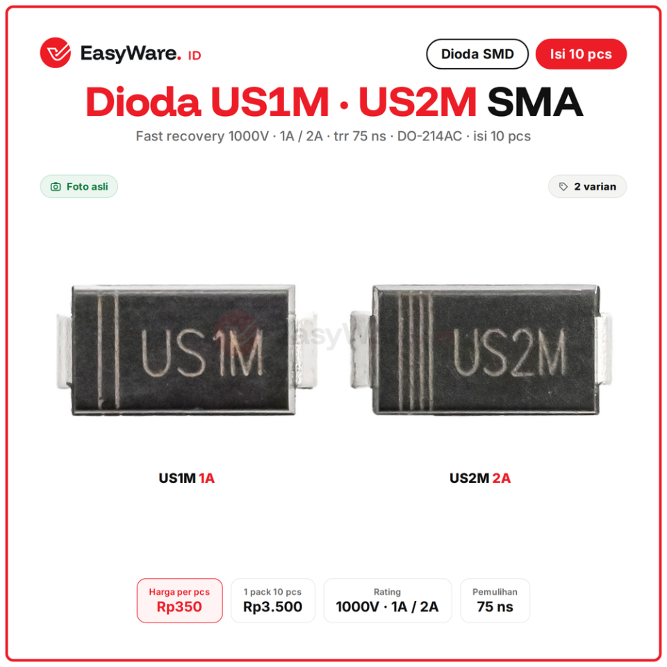[10 PCS] Dioda US1M US2M Fast Recovery 1000V 75ns SMA DO-214AC (2 Pilihan)