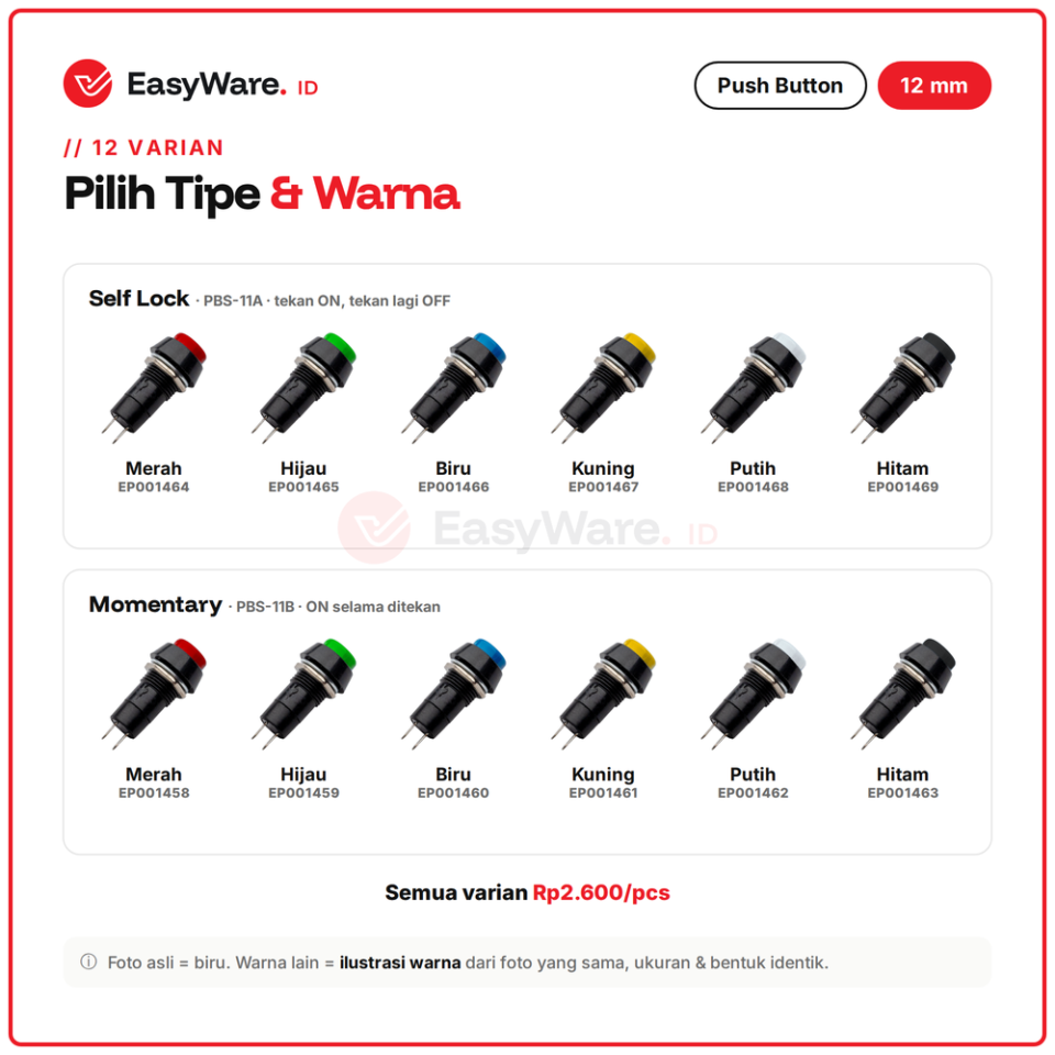Push Button 12mm PBS-11A Self Lock PBS-11B Momentary 2 Pin Tombol Panel Merah Hijau Biru Kuning Putih Hitam 1A 250V (12 Pilihan)