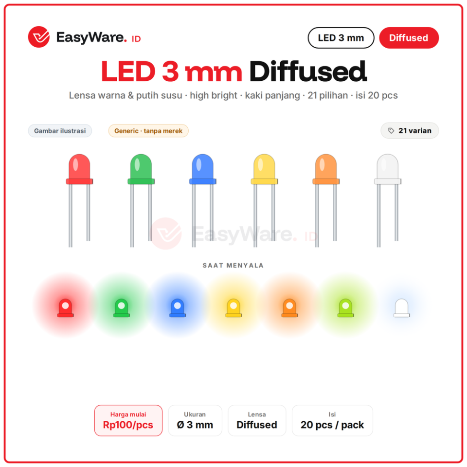 [20 PCS]LED 3mm Diffused Lensa Warna Putih Susu High Bright Kaki Panjang Merah Hijau Biru Kuning Oranye Putih (20 Pilihan)