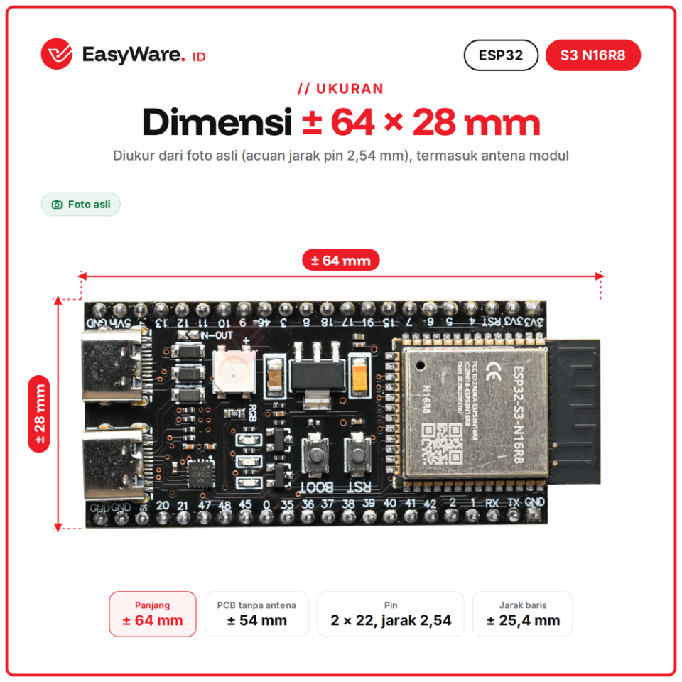 ESP32-S3 N16R8 DevKitC-1 Flash 16MB PSRAM 8MB Dual USB Type-C (2 Pilihan)