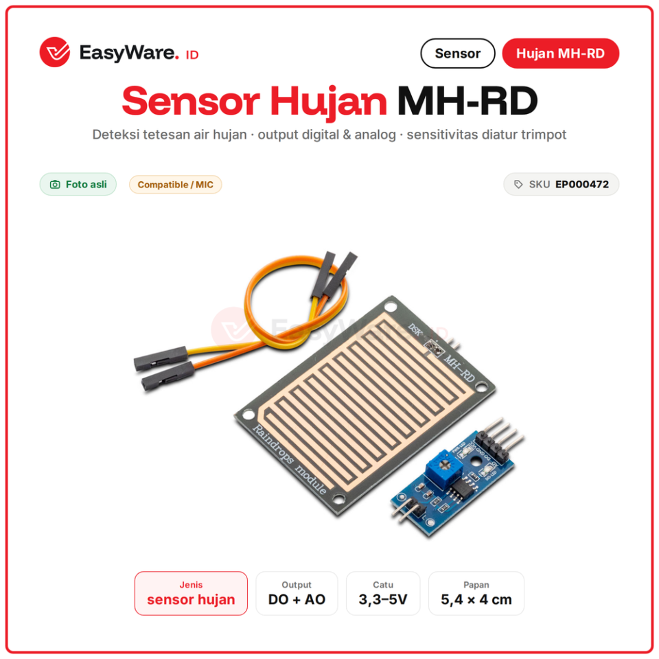 Sensor Hujan Raindrop MH-RD dengan Modul Komparator Output Digital dan Analog untuk Arduino ESP32