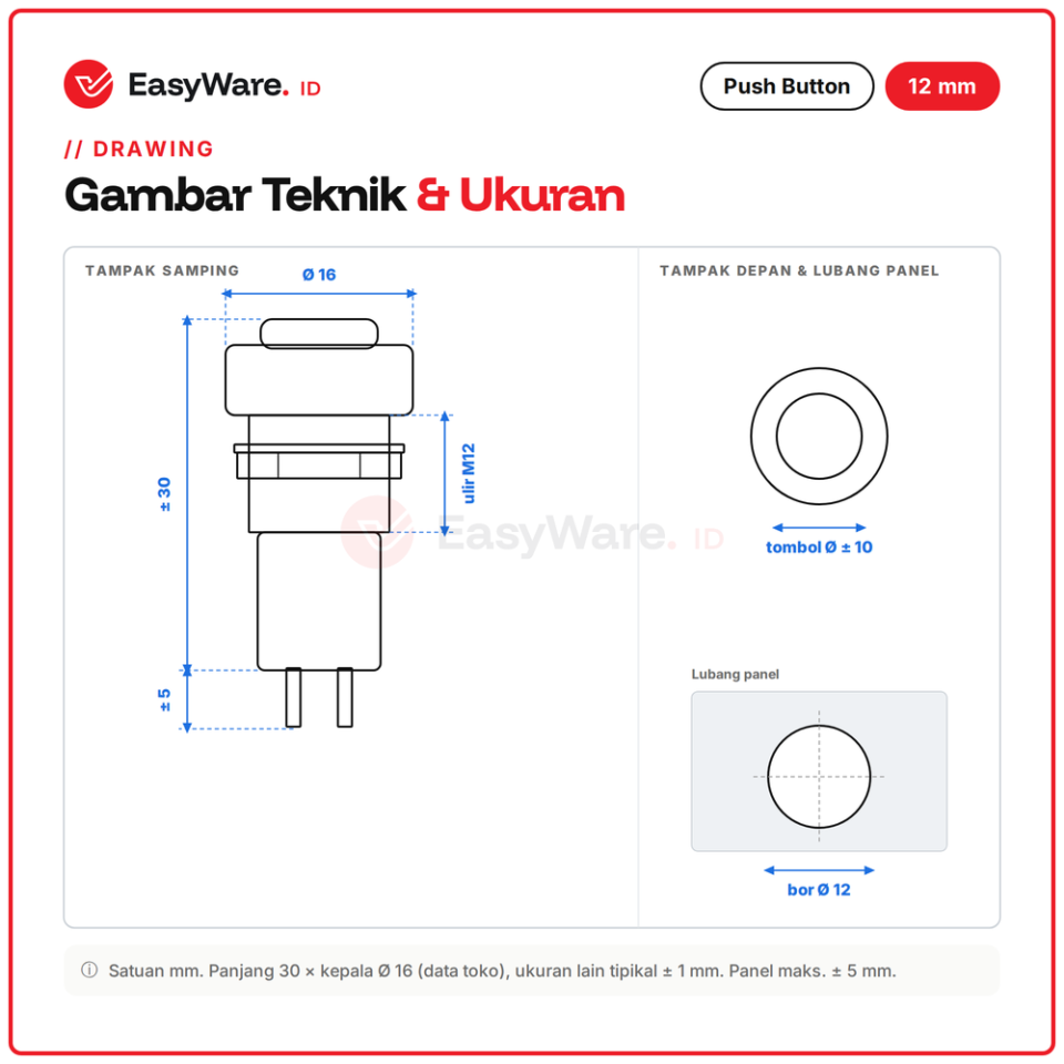 Push Button 12mm PBS-11A Self Lock PBS-11B Momentary 2 Pin Tombol Panel Merah Hijau Biru Kuning Putih Hitam 1A 250V (12 Pilihan)