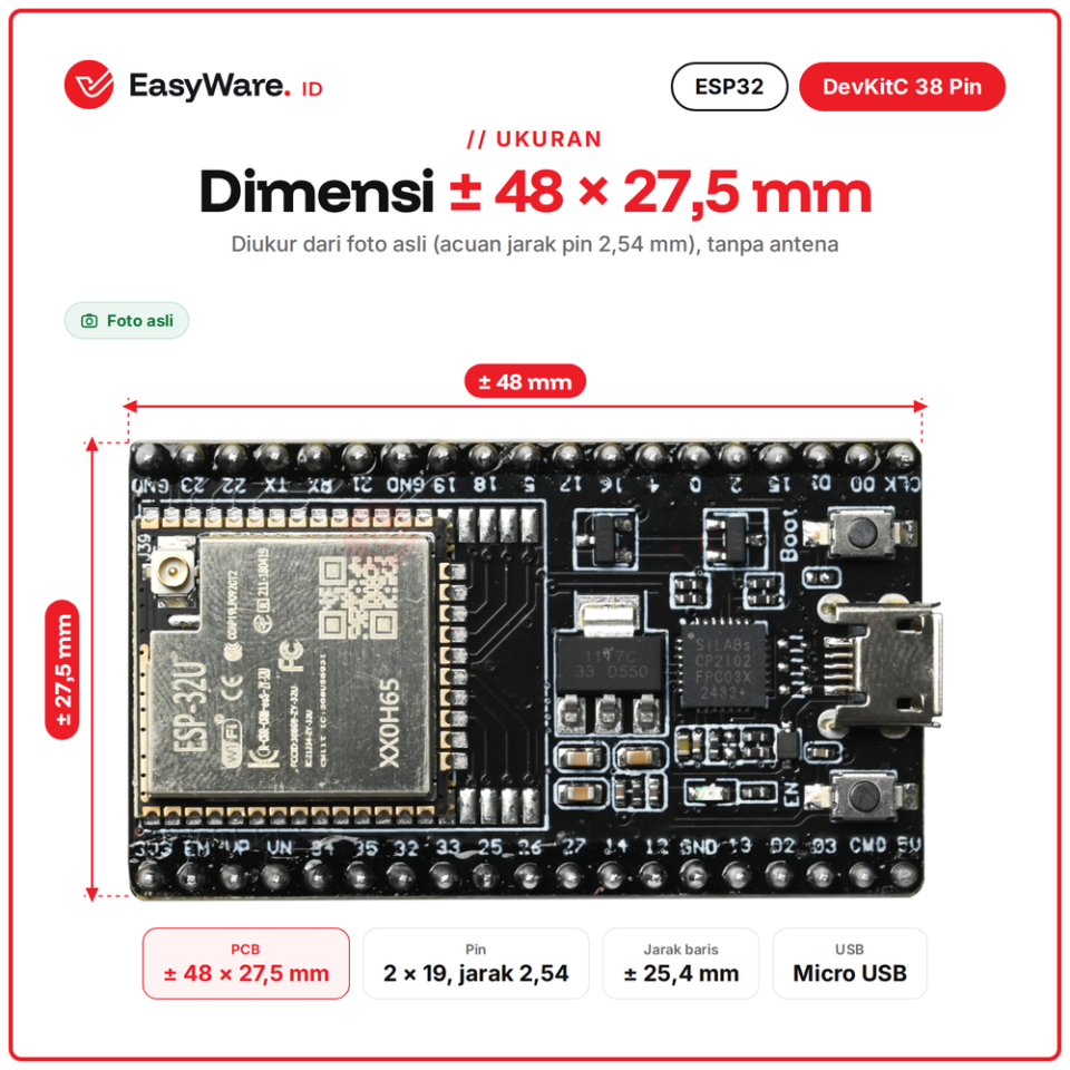 ESP32 DevKitC 38 Pin WiFi Bluetooth Type-C Micro USB CP2102 (3 Pilihan)
