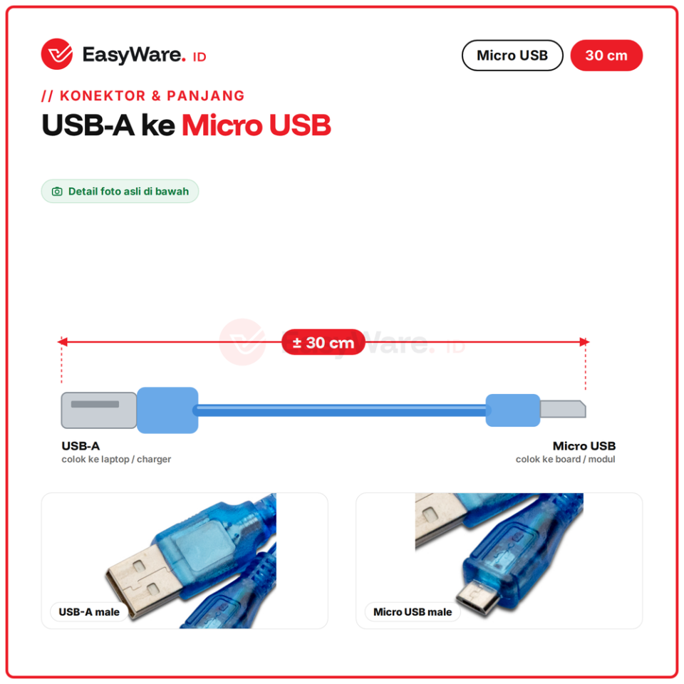 Kabel USB-A ke Micro USB 30 cm untuk NodeMCU & ESP32