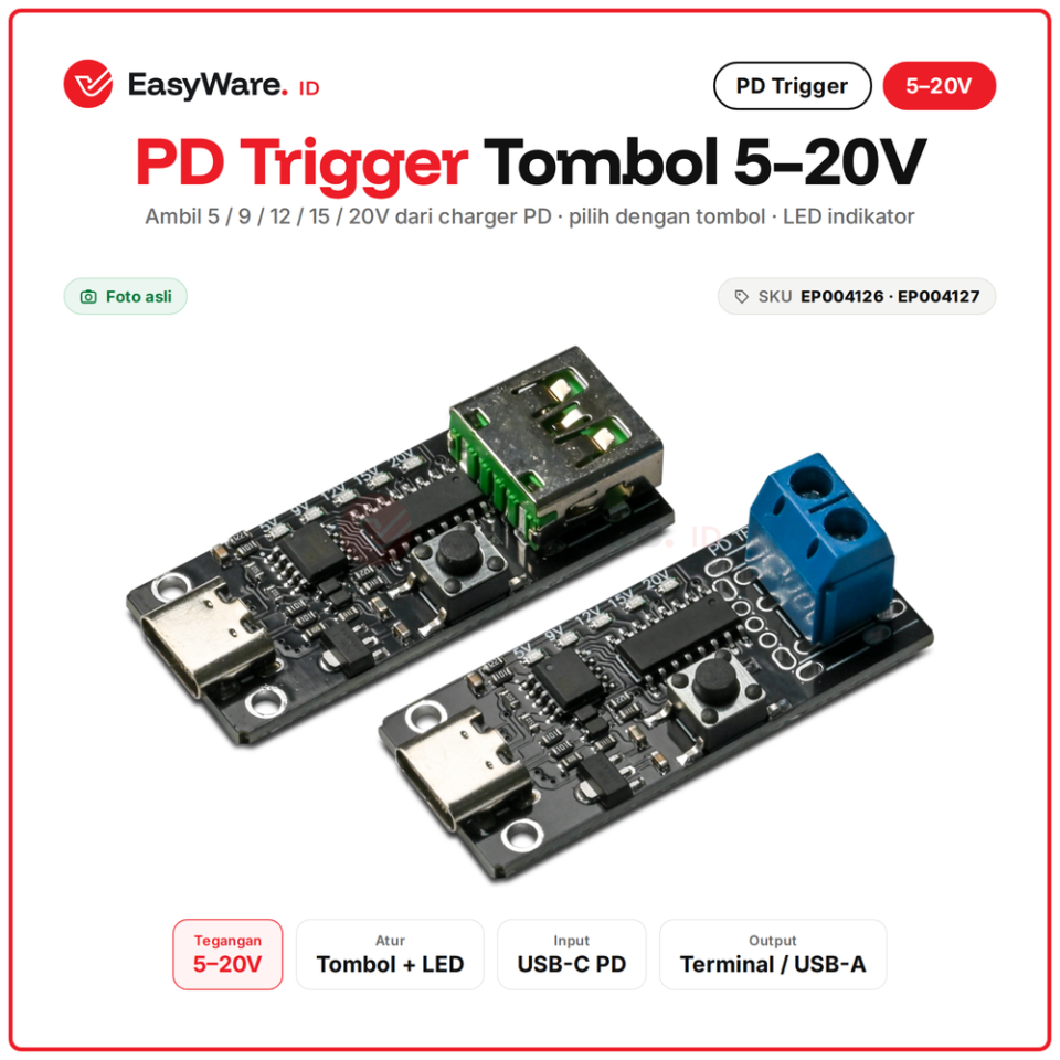 PD Trigger USB-C Tombol 5V-20V dengan LED (2 Pilihan)