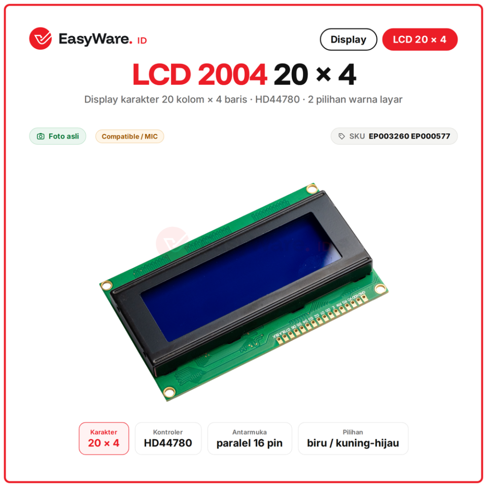 LCD 2004 20x4 Karakter HD44780 Paralel 16 Pin Display Arduino Biru Kuning Hijau 2 Varian (2 Pilihan)