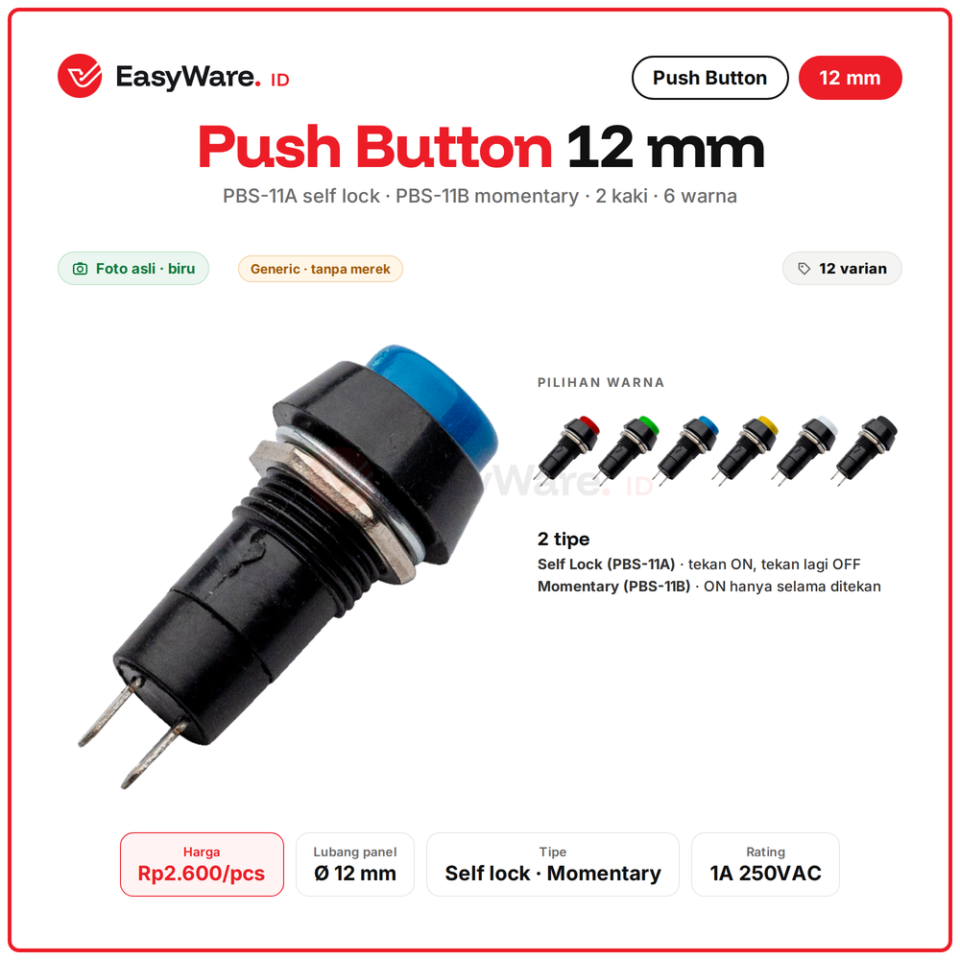 Push Button 12mm PBS-11A Self Lock PBS-11B Momentary 2 Pin Tombol Panel Merah Hijau Biru Kuning Putih Hitam 1A 250V (12 Pilihan)