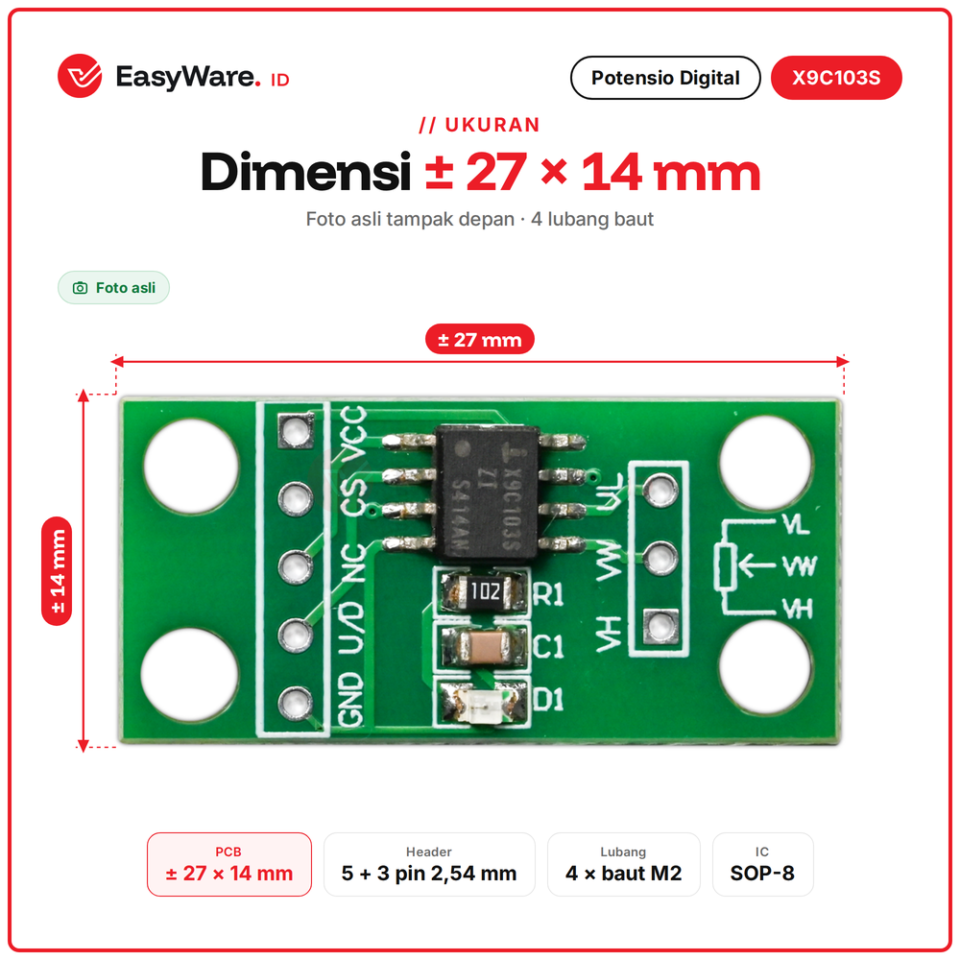 Modul Potensiometer Digital X9C103S 10K Ohm 100 Langkah Digital Potentiometer untuk Arduino ESP32 ESP8266