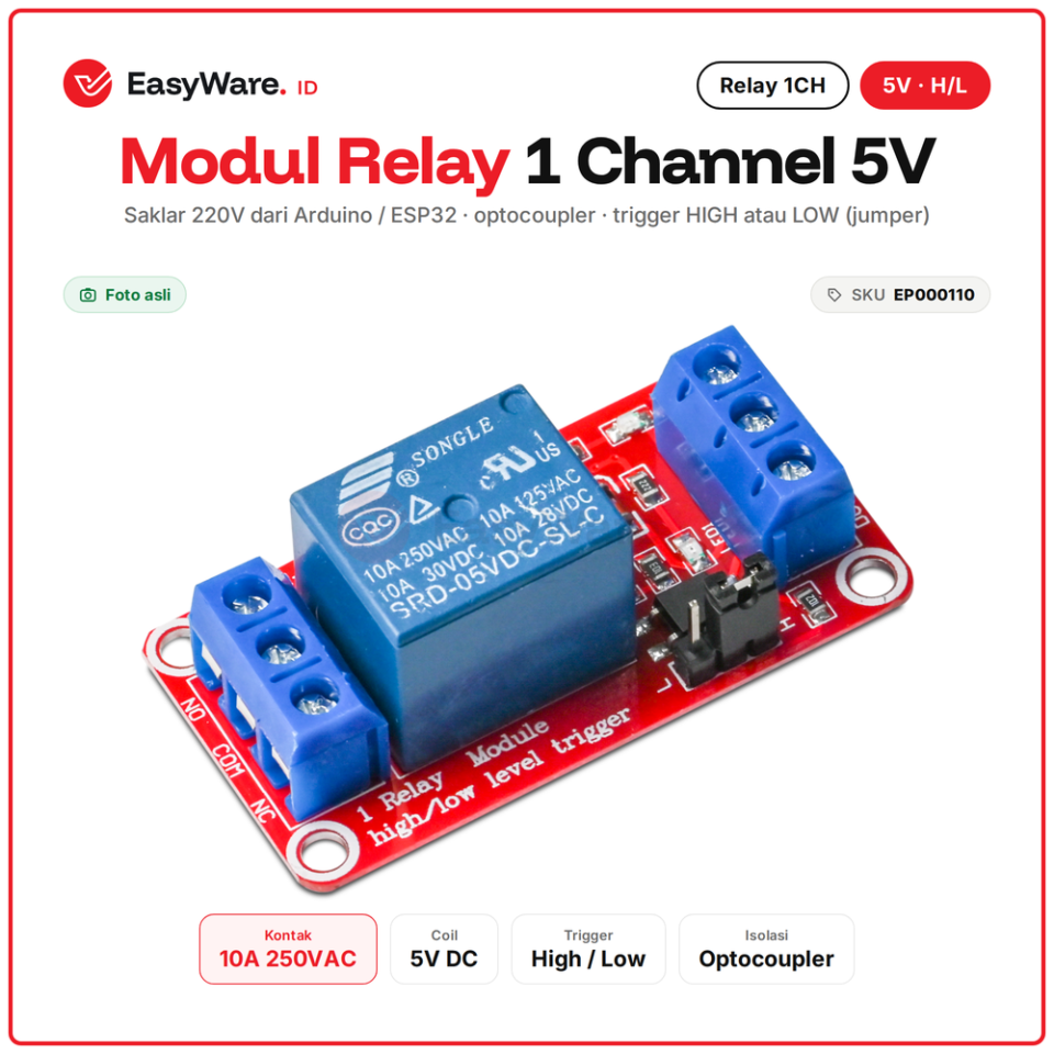 Modul Relay 1 Channel 5V High Low Level Trigger Optocoupler 10A 250VAC Saklar Lampu untuk Arduino ESP32 Raspberry Pi