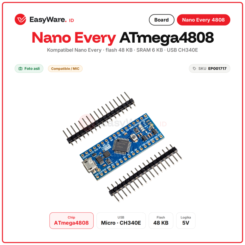 Board Kompatibel Nano Every ATmega4808 USB CH340E Micro USB Flash 48KB SRAM 6KB Arduino