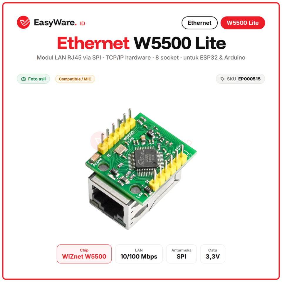 Modul Ethernet W5500 Lite LAN RJ45 SPI TCP IP Hardware USR-ES1 untuk ESP32 Arduino ESP8266 IoT