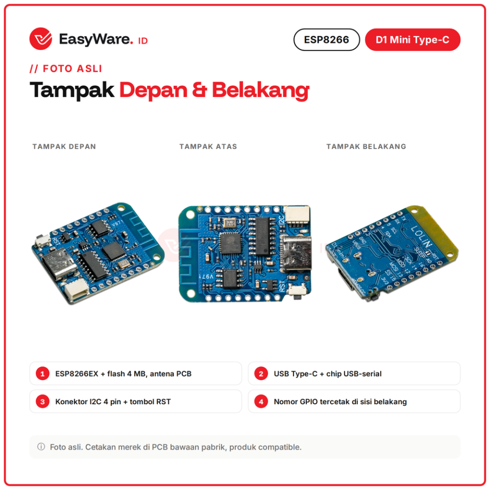 D1 Mini ESP8266 WiFi Development Board V4 USB Type C Flash 4MB dengan Konektor I2C untuk IoT Arduino