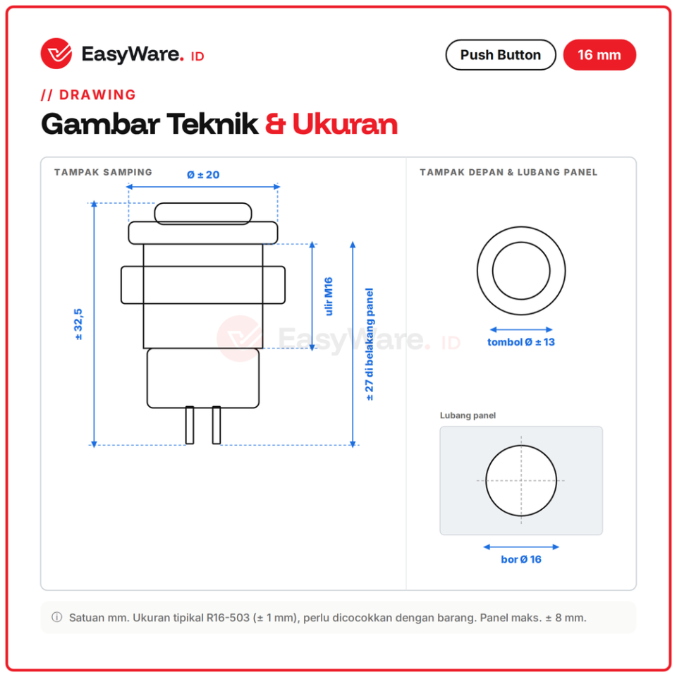 Push Button 16mm R16-503 Lampu LED Self Lock Momentary Merah Hijau Biru Kuning Putih Saklar Tombol Panel 3A 250V (12 Pilihan)