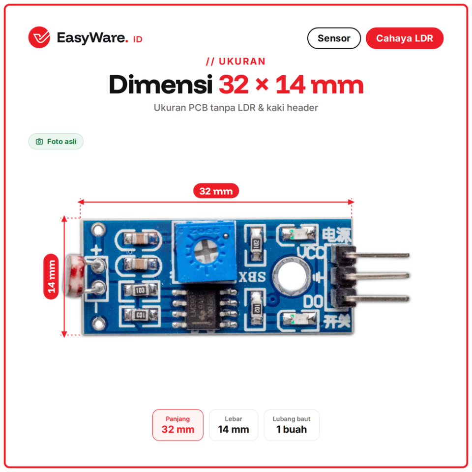 Modul Sensor Cahaya LDR 3 Pin Light Sensor Photoresistor Output Digital untuk Arduino ESP32 Lampu Otomatis