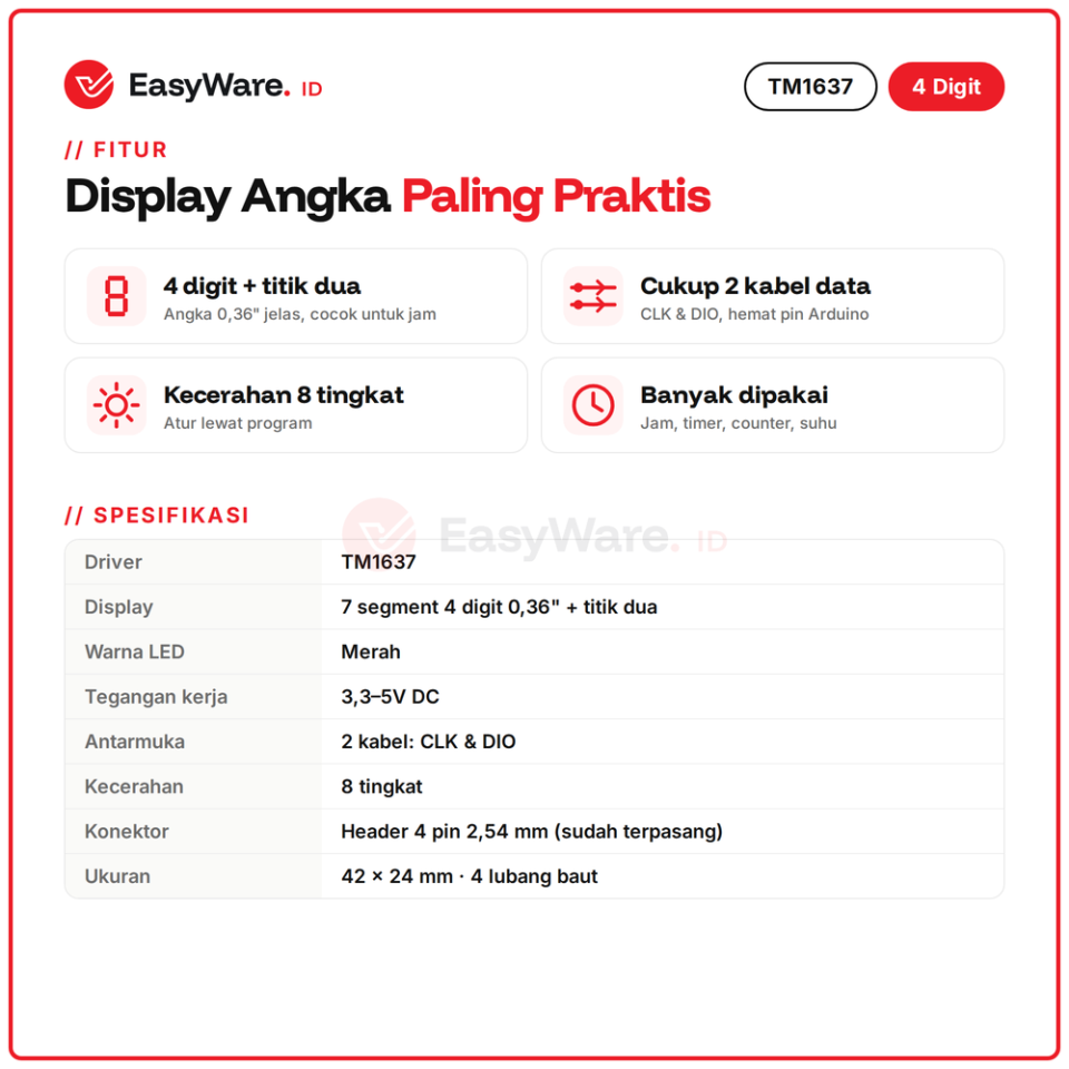 TM1637 Modul Display 7 Segment 4 Digit 0.36" Titik Dua Jam