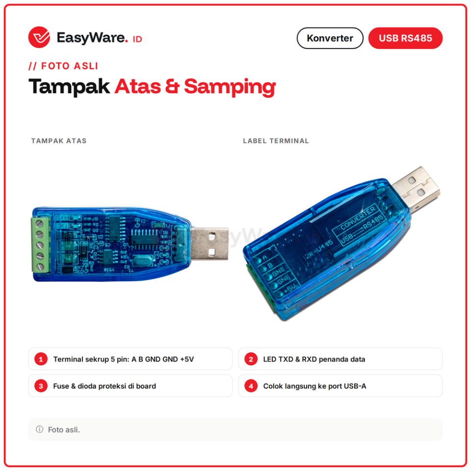 Konverter USB to RS485 Adapter Serial Modbus RTU Terminal 5 Pin A B GND 5V Casing Biru PLC