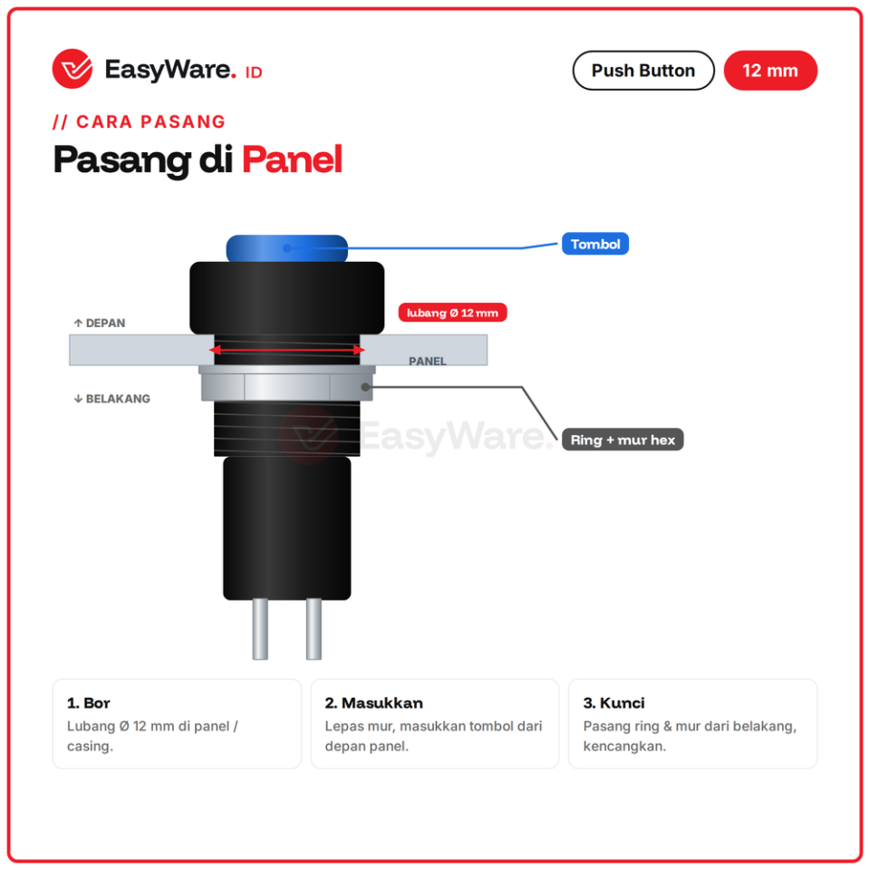Push Button 12mm PBS-11A Self Lock PBS-11B Momentary 2 Pin Tombol Panel Merah Hijau Biru Kuning Putih Hitam 1A 250V (12 Pilihan)