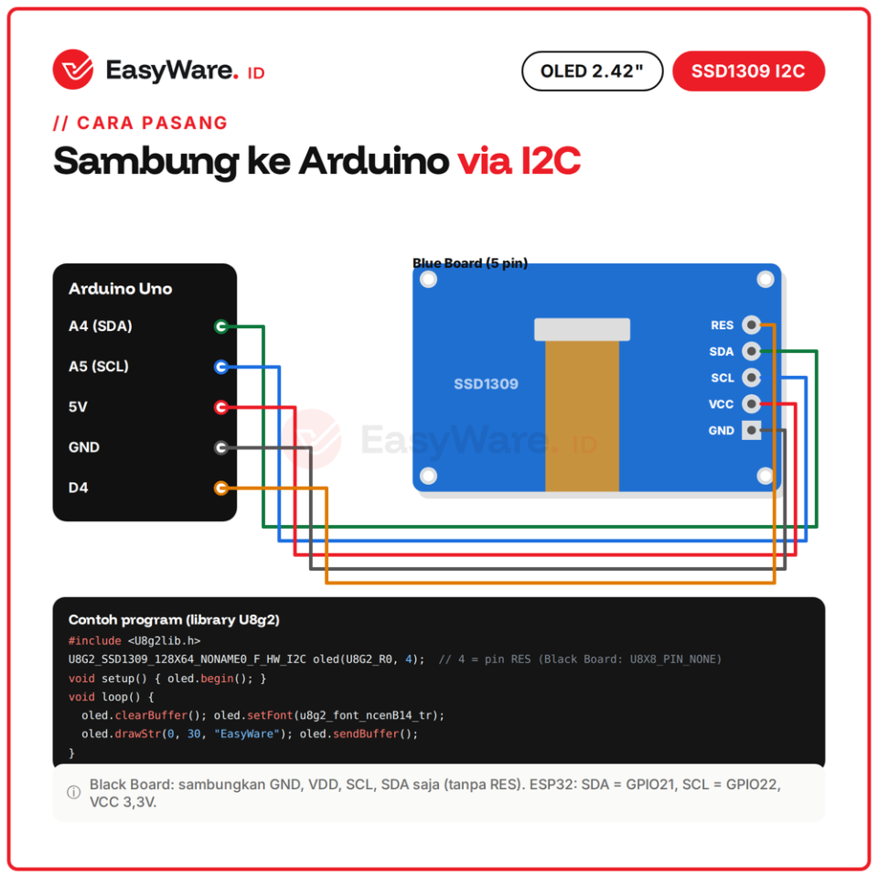 Modul OLED 2.42 Inch 128x64 SSD1309 I2C Blue Board Black Board (2 Pilihan)