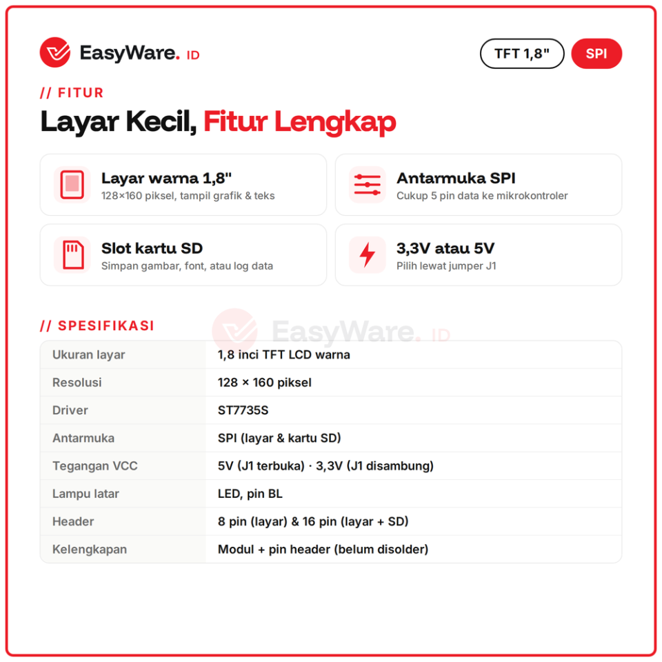 TFT 1.8 Inch Layar LCD Warna SPI 128x160 ST7735 + Slot Kartu SD
