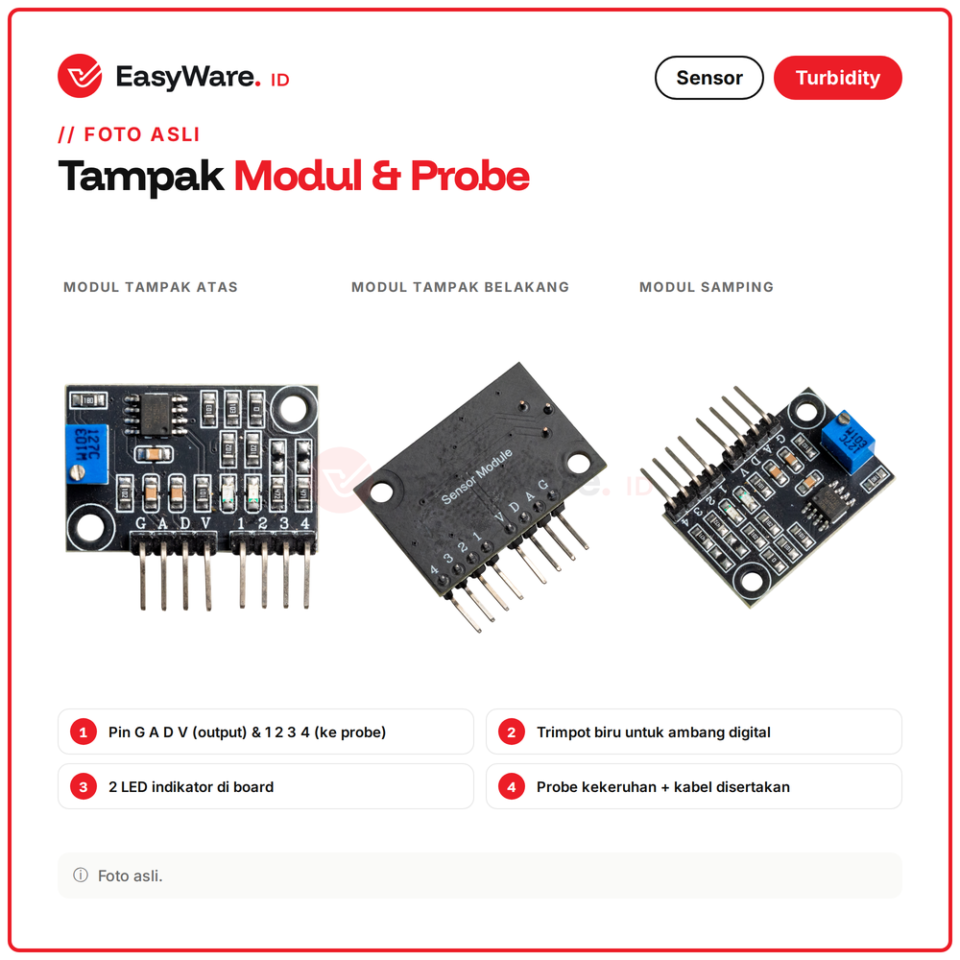 Sensor Turbidity Kekeruhan Air Modul Analog Digital 5V dengan Probe dan Kabel untuk Arduino ESP32 Akuarium Kualitas Air