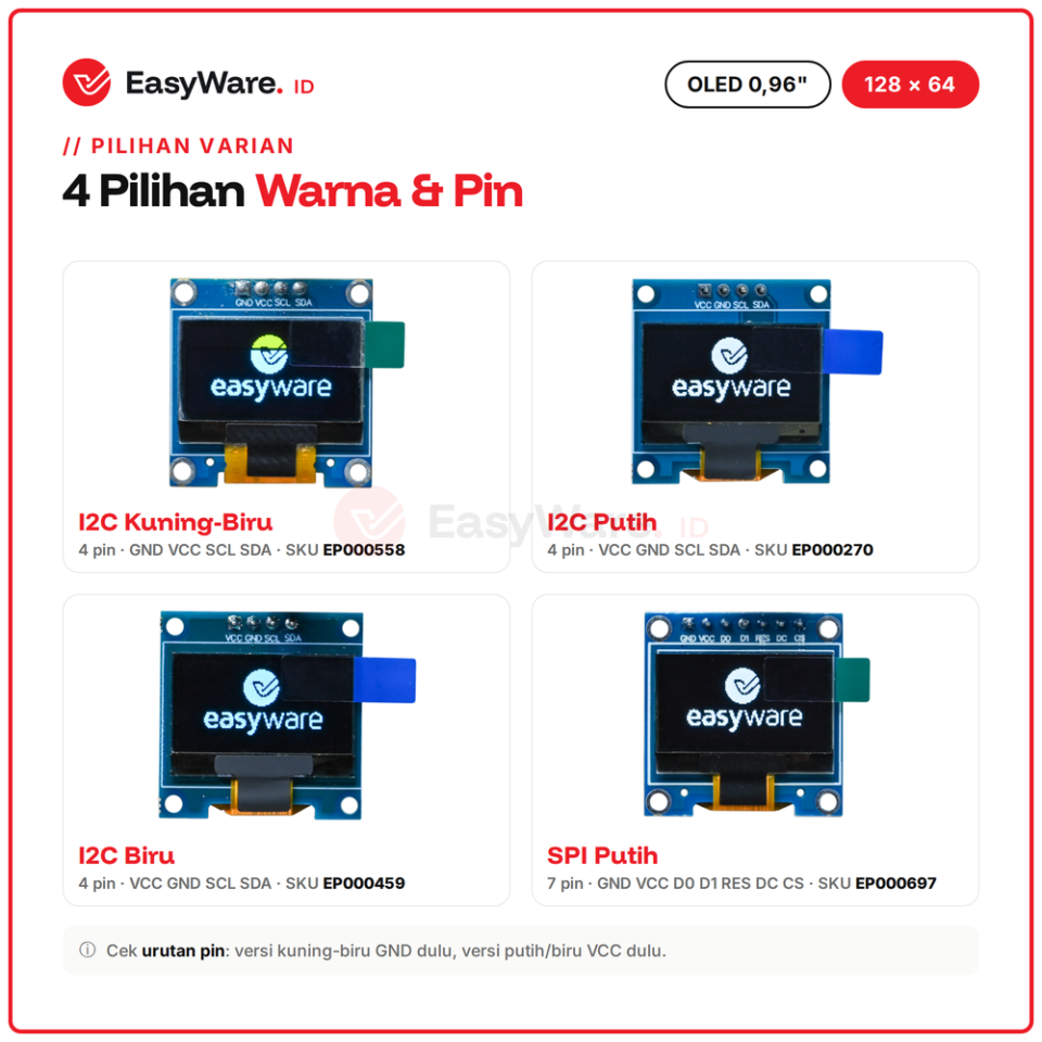 OLED 0.96 inch 128x64 SSD1306 I2C / SPI (4 Pilihan)