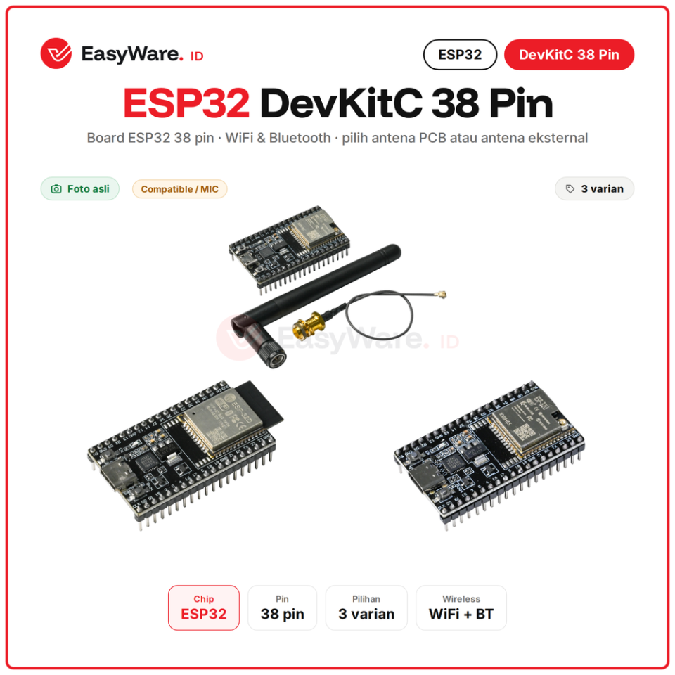 ESP32 DevKitC 38 Pin WiFi Bluetooth Type-C Micro USB CP2102 (3 Pilihan)
