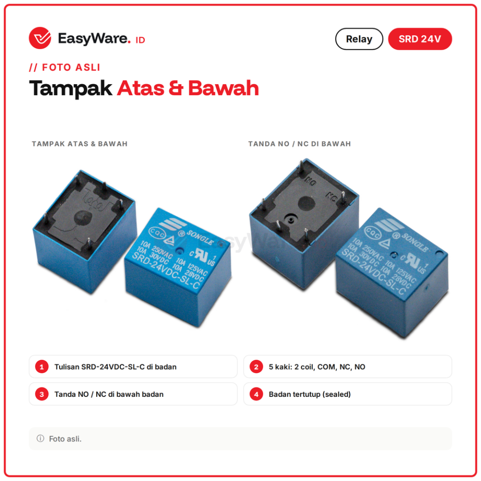Relay Songle SRD-24VDC-SL-C Coil 24V 5 Pin 10A 250VAC 1 Form C COM NC NO untuk Panel PLC Mesin dan PCB (2 Pilihan)