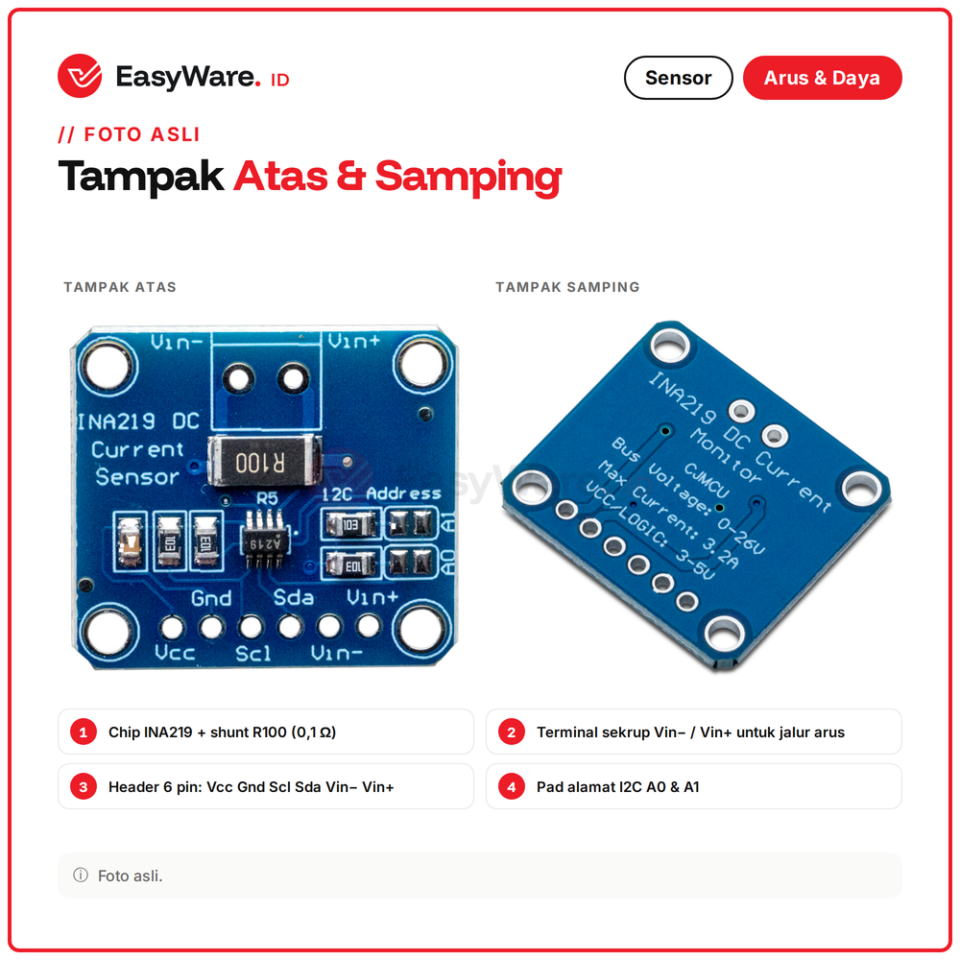 Modul INA219 Sensor Arus DC Tegangan dan Daya I2C 0-26V 3.2A Shunt 0.1 Ohm untuk Arduino ESP32 Monitor Baterai
