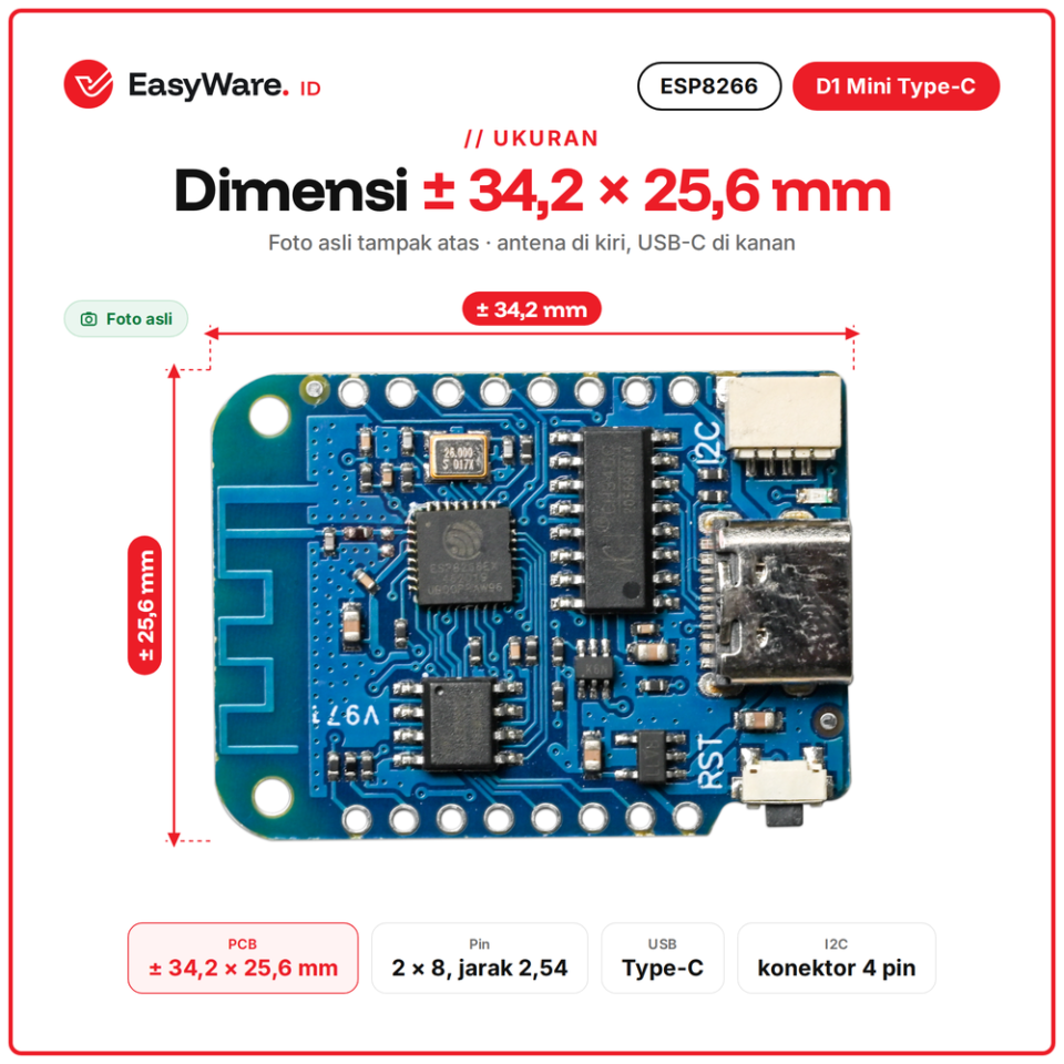 D1 Mini ESP8266 WiFi Development Board V4 USB Type C Flash 4MB dengan Konektor I2C untuk IoT Arduino