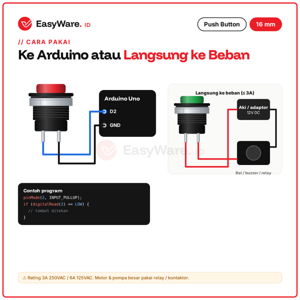 Push Button 16mm R13-507 Momentary 2 Pin Mur Logam Tombol Tekan Panel Merah Hijau Biru Kuning Putih Hitam 3A 250V (6 Pilihan)