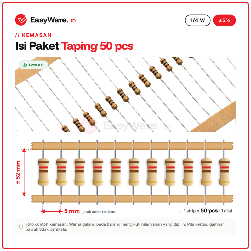 [50 PCS] Resistor Carbon Film 1/4W 5% 47R–220R (10 Pilihan)