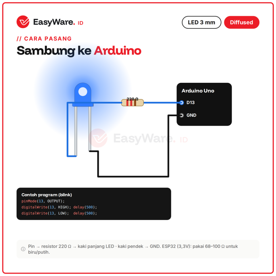[20 PCS]LED 3mm Diffused Lensa Warna Putih Susu High Bright Kaki Panjang Merah Hijau Biru Kuning Oranye Putih (20 Pilihan)