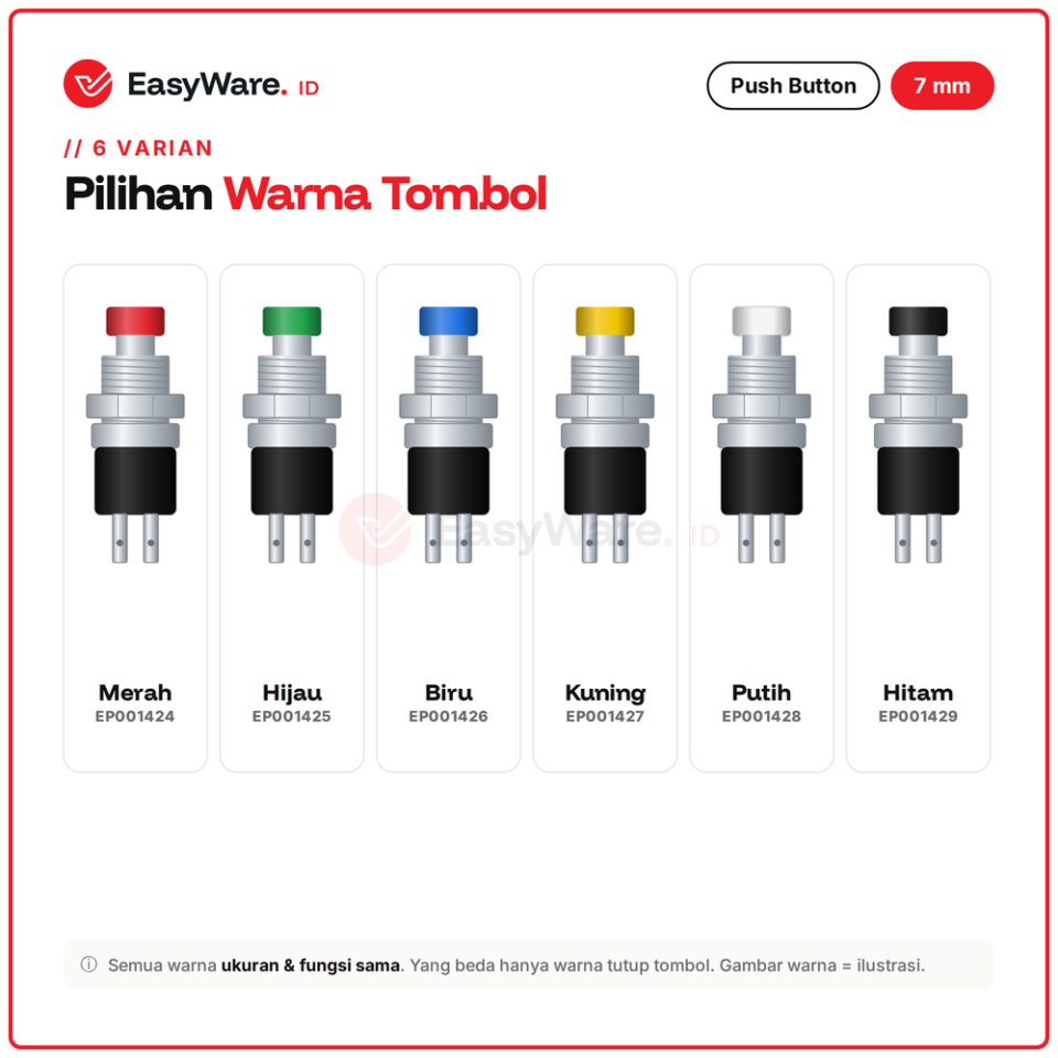 Push Button PBS-110 7mm Momentary 2 Pin Tombol Tekan Panel Merah Hijau Biru Kuning Putih Hitam Arduino (6 Pilihan)