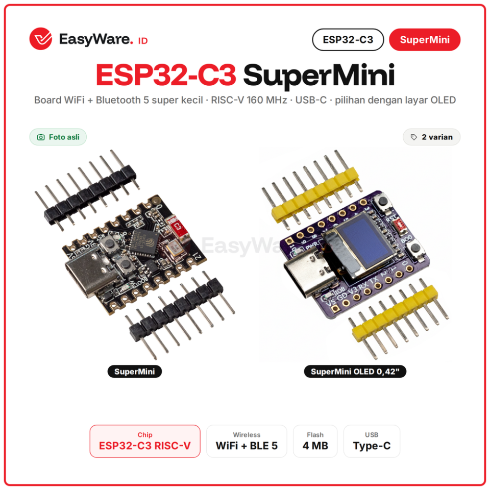 ESP32-C3 SuperMini WiFi Bluetooth 5 BLE RISC-V USB Type C Development Board dan Versi OLED 0.42 inch Arduino (2 Pilihan)