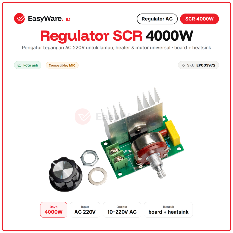 Regulator Tegangan AC SCR 4000W 220V Dimmer Pengatur Kecepatan Motor Heater Board Heatsink Knob