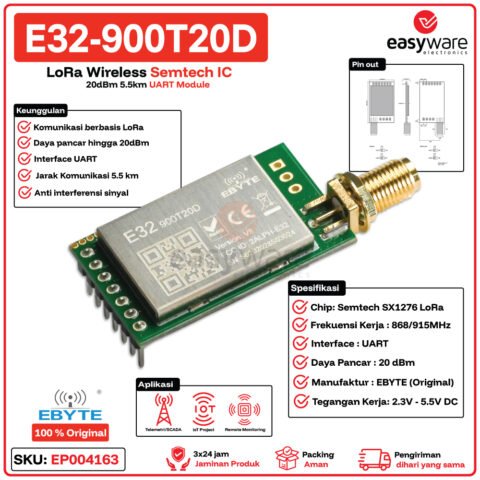 E32-900T20D Modul Wireless LoRa 868/915MHz 20dBm 5.5km UART