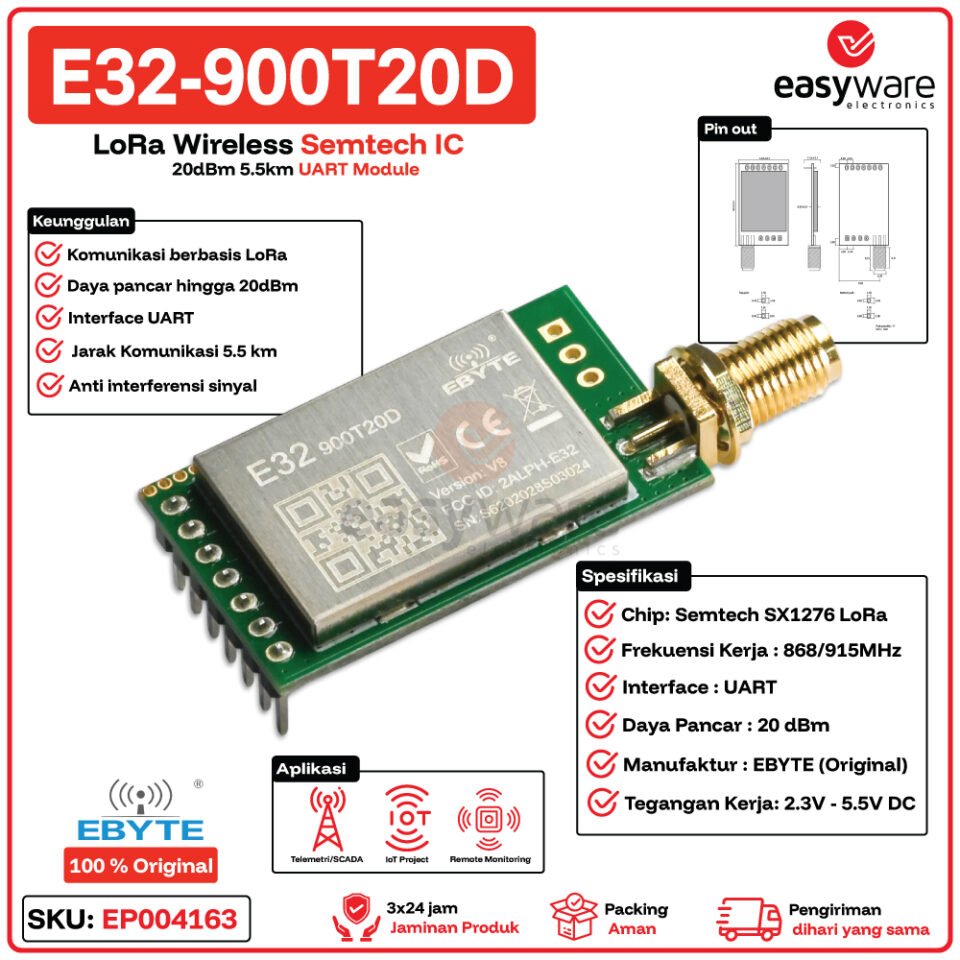 E32-900T20D Modul Wireless LoRa 868/915MHz 20dBm 5.5km UART