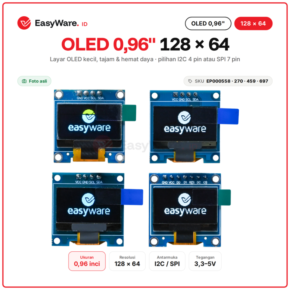 OLED 0.96 inch 128x64 SSD1306 I2C / SPI (4 Pilihan)