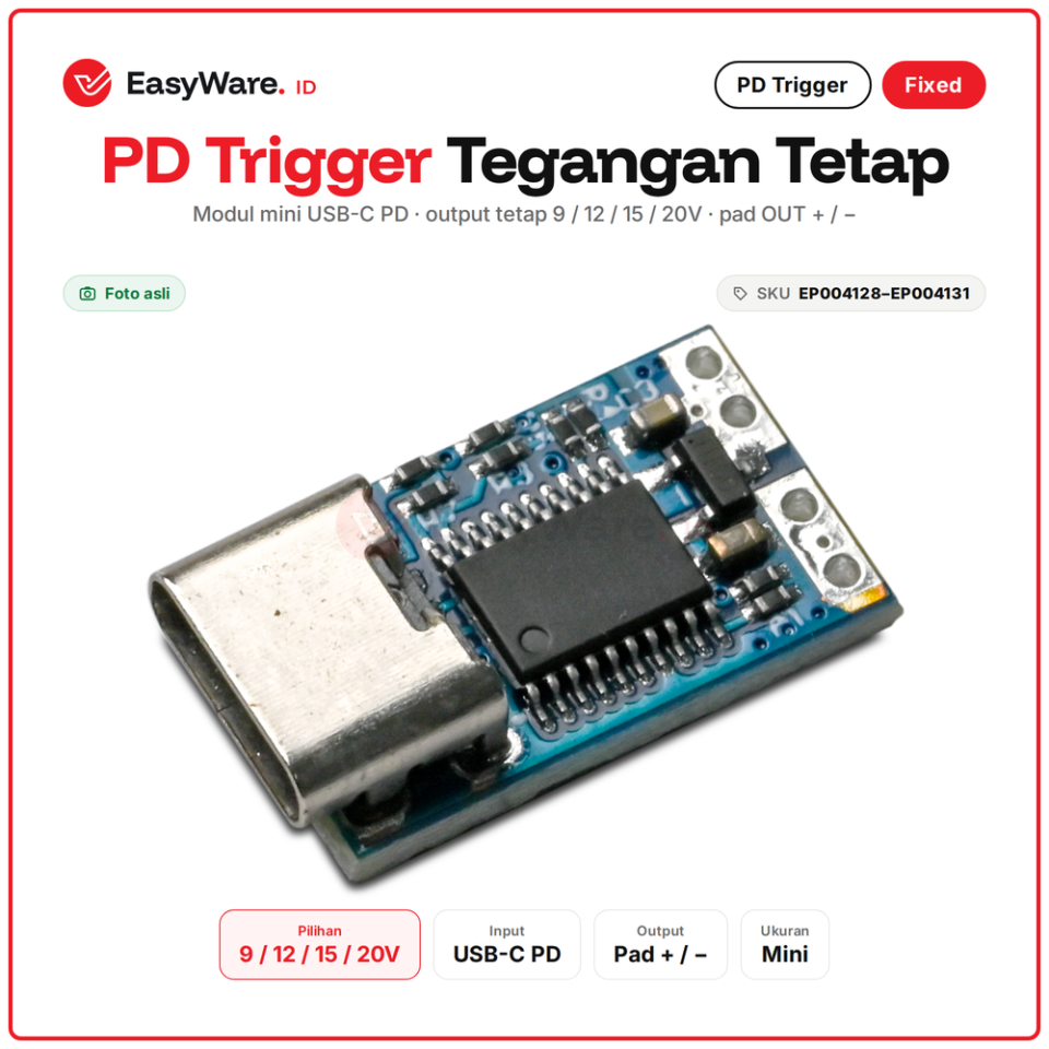 PD Trigger Mini USB-C Tegangan Tetap 9V 12V 15V 20V (4 Pilihan)
