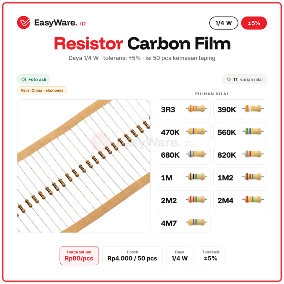 [50 PCS] Resistor Carbon Film 1/4W 5% 390K–4M7 & 3R3 (11 Pilihan)