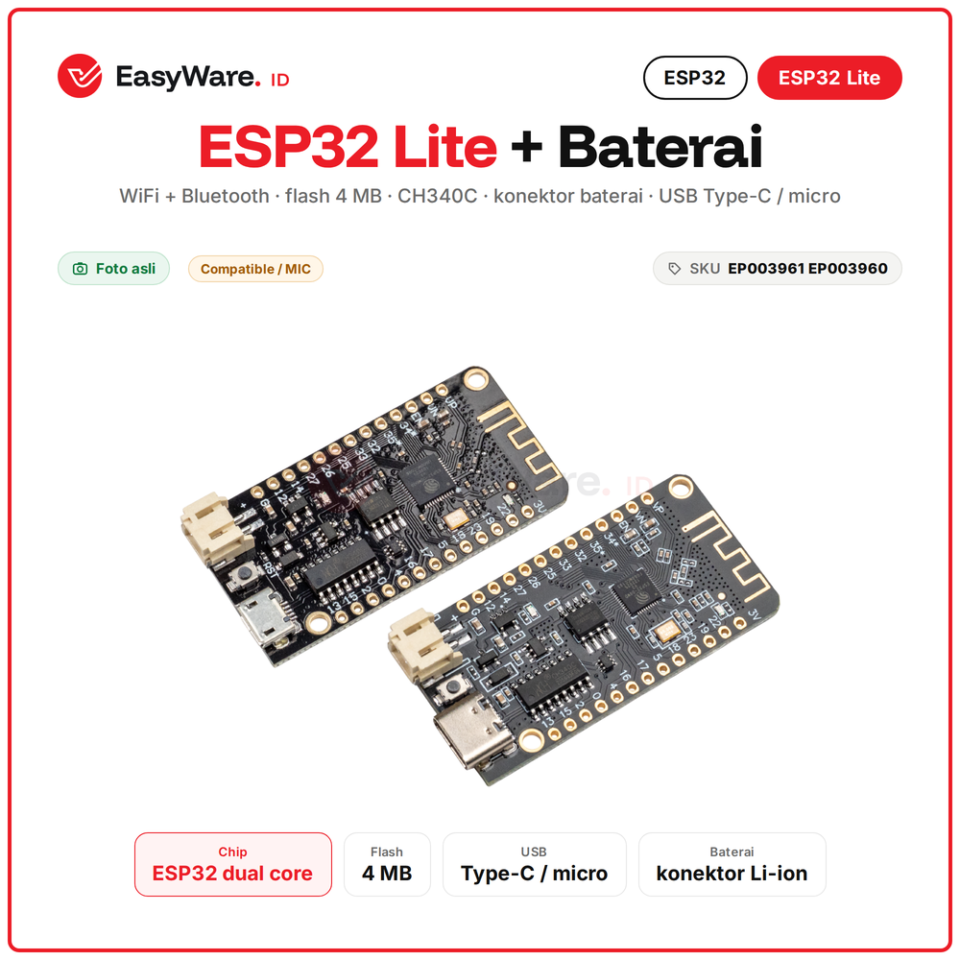 Board ESP32 Lite WiFi Bluetooth 4MB CH340C Konektor Baterai Lithium USB Type-C Micro IoT 2 Varian (2 Pilihan)