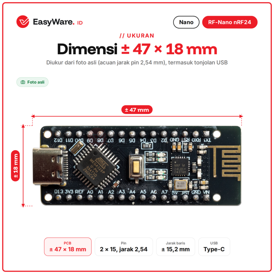 RF-Nano Arduino Nano ATmega328P nRF24L01 Wireless 2.4GHz USB Type-C CH340 Board Kompatibel