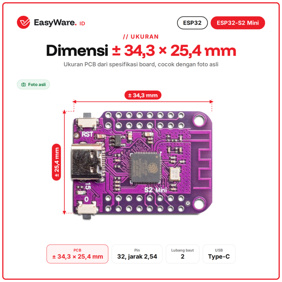 Board ESP32-S2 Mini WiFi 4MB Flash 2MB PSRAM USB Type-C Native IoT Pengganti D1 Mini