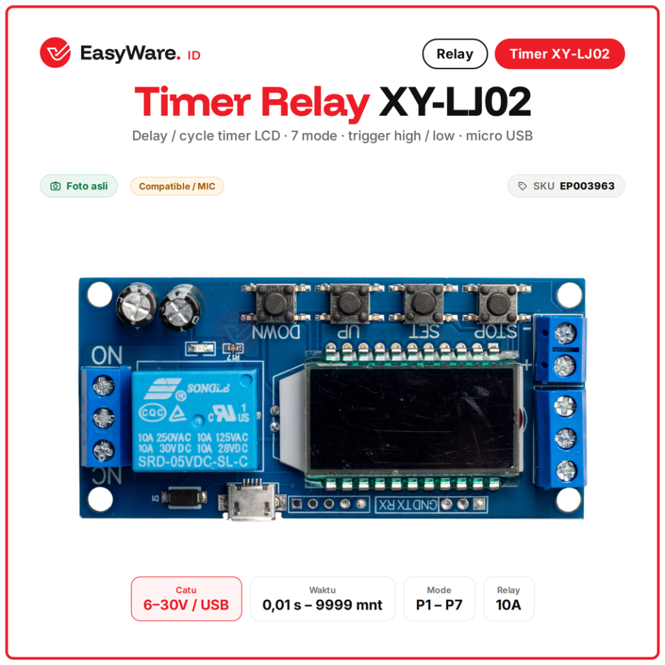 Modul Timer Delay Relay XY-LJ02 LCD Digital 6-30V Micro USB 7 Mode Trigger High Low Cycle Timer 0.01 Detik 9999 Menit