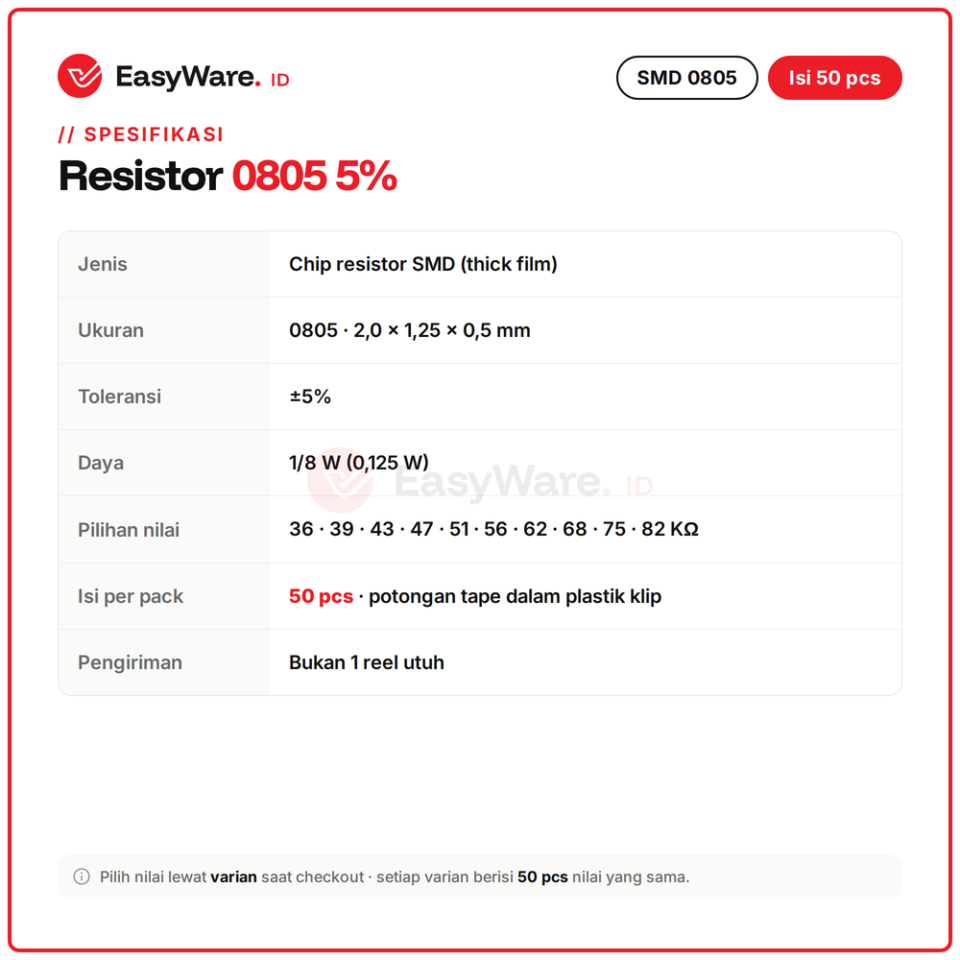[50 PCS] Resistor SMD 0805 5% 36K 39K 43K 47K 51K 56K 62K 68K 75K 82K (10 Pilihan)