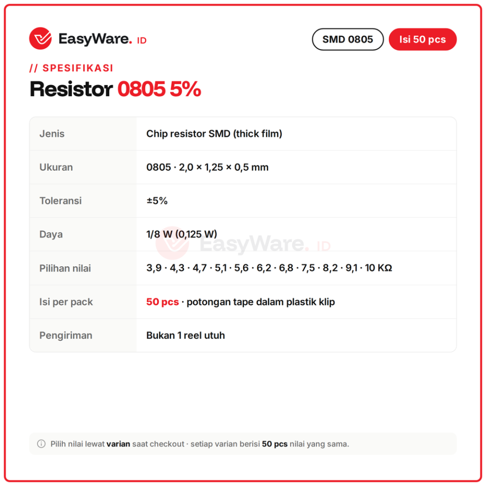 [50 PCS] Resistor 0805 3K9 4K3 4K7 5K1 5K6 6K2 6K8 7K5 8K2 9K1 10K Chip Resistor SMD 0805 5% 3.9K Ohm 10K Ohm (11 Pilihan)