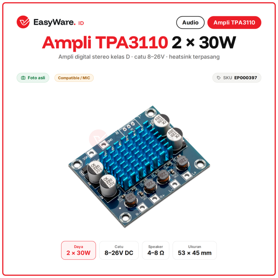TPA3110 XH-A232 2x30W 2 Channel Digital Stereo Amplifier Board DC 8-26V 3A