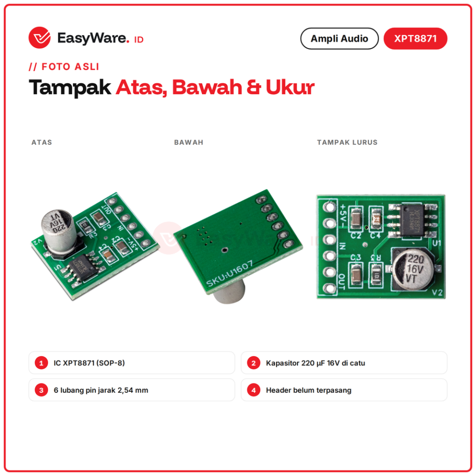 Modul Amplifier Mono XPT8871 5V 3W 5W Mini Audio Amplifier Speaker 4 Ohm untuk DFPlayer Arduino Bluetooth